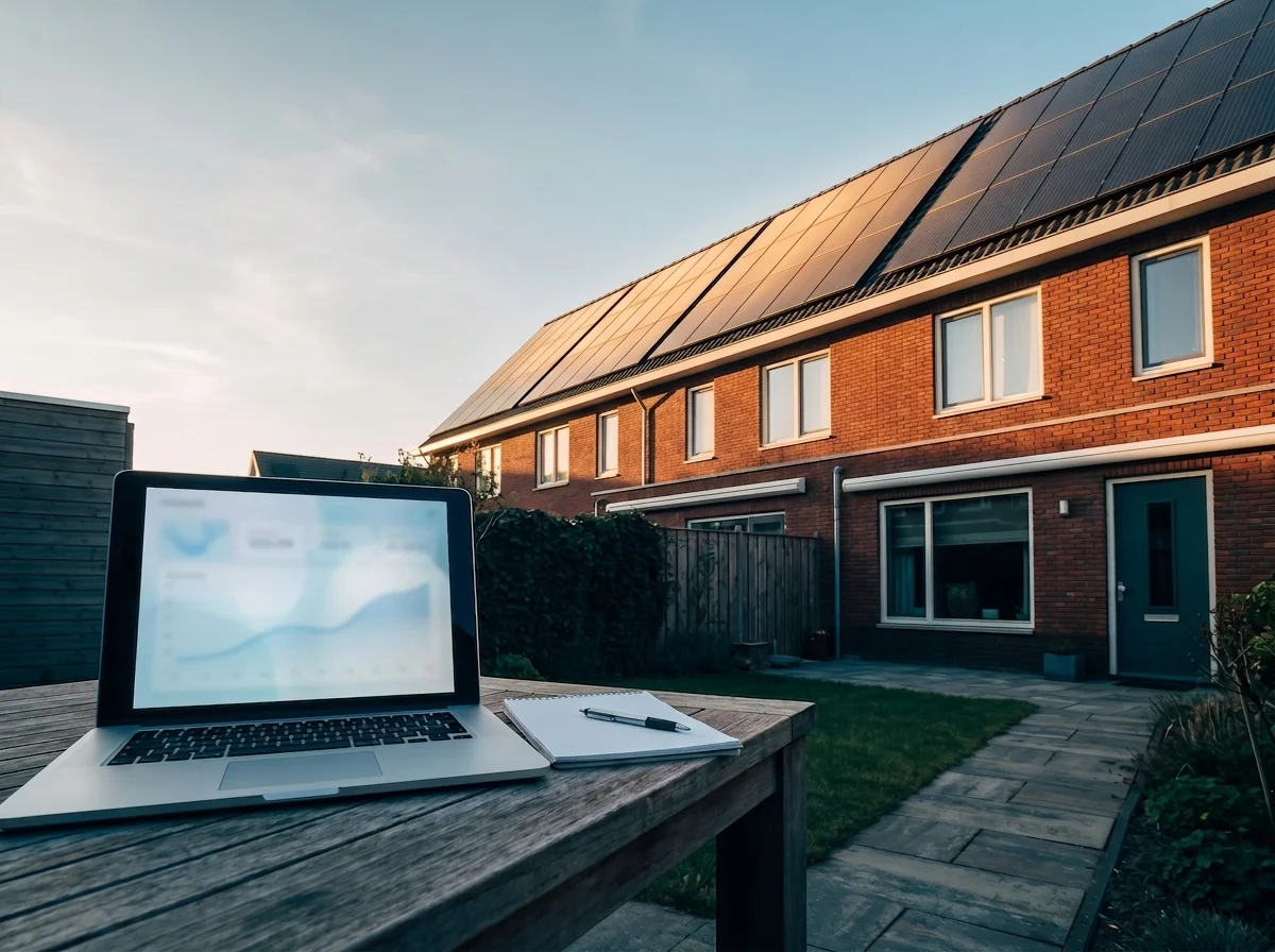 Nederlands rijtjeshuis met zonnepanelen in de avondzon; op de tuintafel een laptop en notitieblok waarop de eigen situatie wordt doorgerekend.