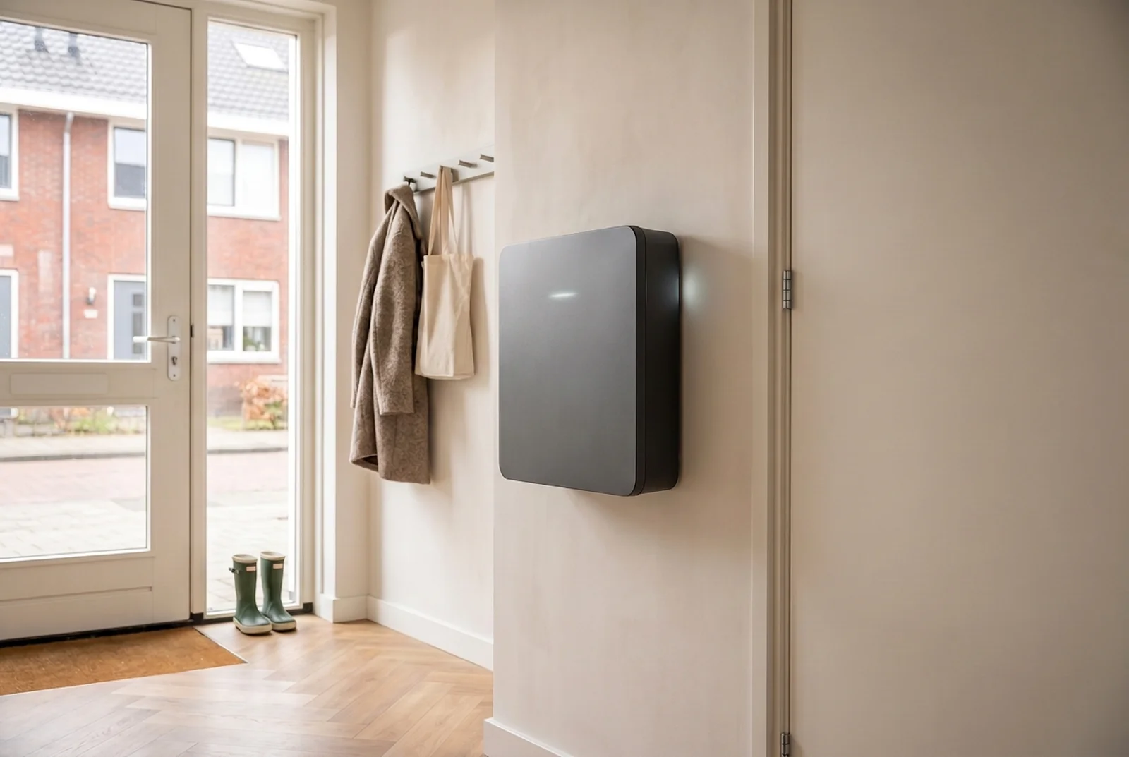 Moderne thuisbatterij aan de muur in de hal van een Nederlandse woning, naast de meterkast bij de voordeur.