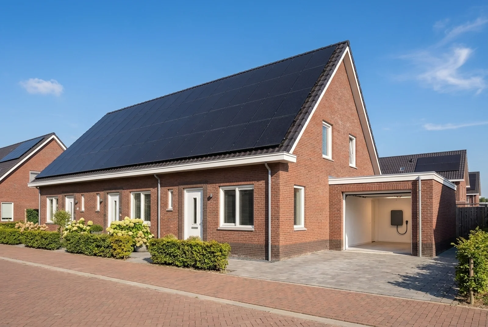 Nederlandse woning met zwart-op-zwart zonnepanelen op het dak en een open garage waarin een thuisbatterij aan de wand hangt.
